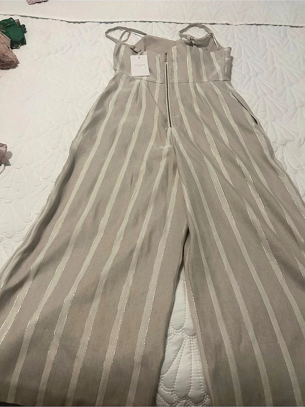 Ted Baker Daceyy Metallic Detail Stripe Jumpsuit Gray & White Size 6